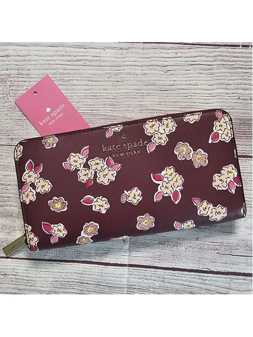 NWT Kate Spade slim continental wallet, frosted floral, deep berry